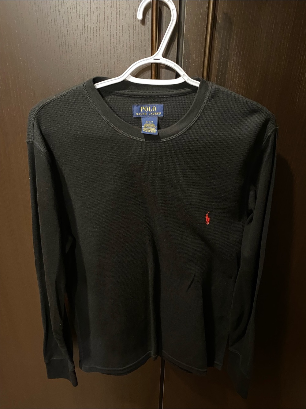 Polo by Ralph Lauren Black Long-Sleeve Waffle Knit Crew with Red Pony